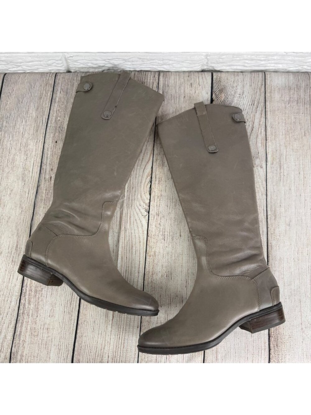 Sam Edelman Grey Leather Penny Riding Boots Knee High Stacked Block Heel Sz 7.5M